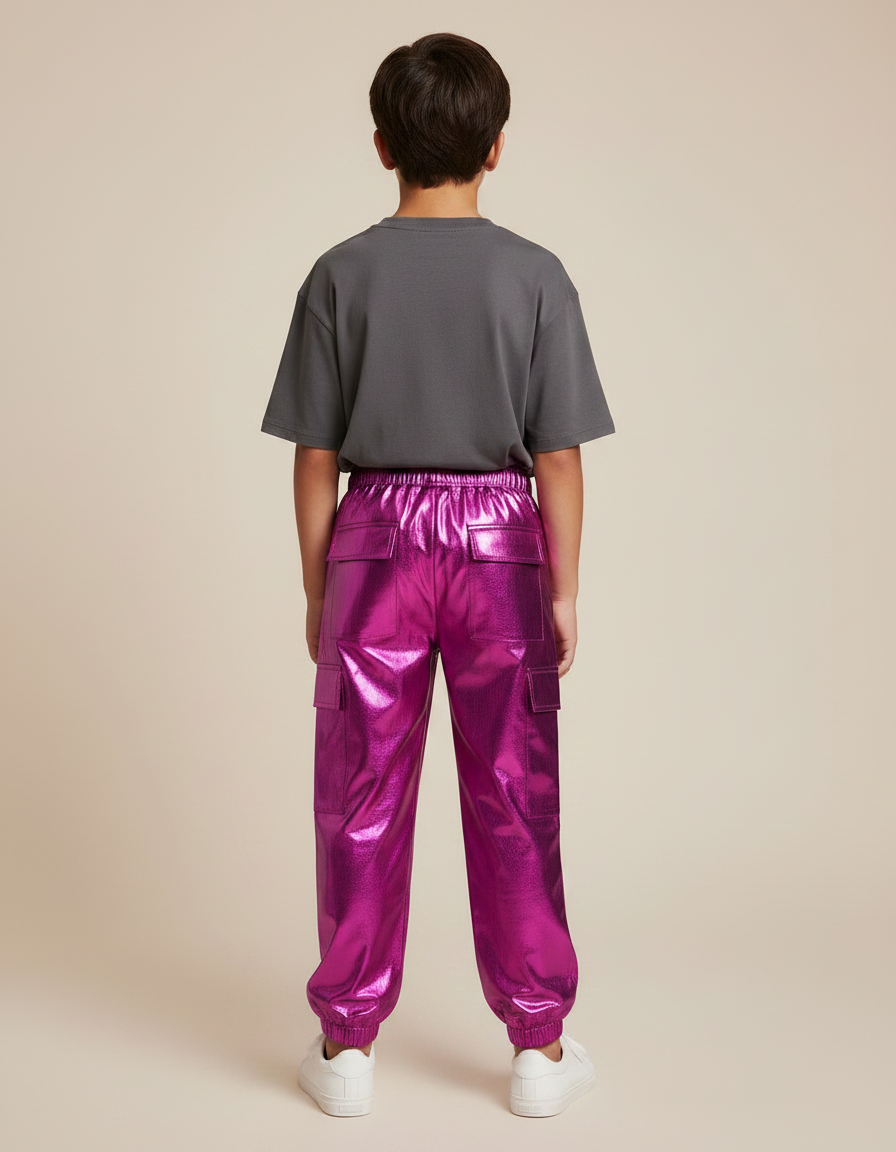 Pantalon Fluide Métallique Brillant Cargo Garçon Fille - Rose Polyester - vue 2