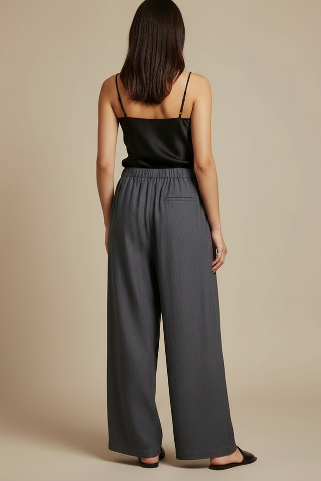 Pantalon Fluide Gris Ample Lin Décontracté - vue 2