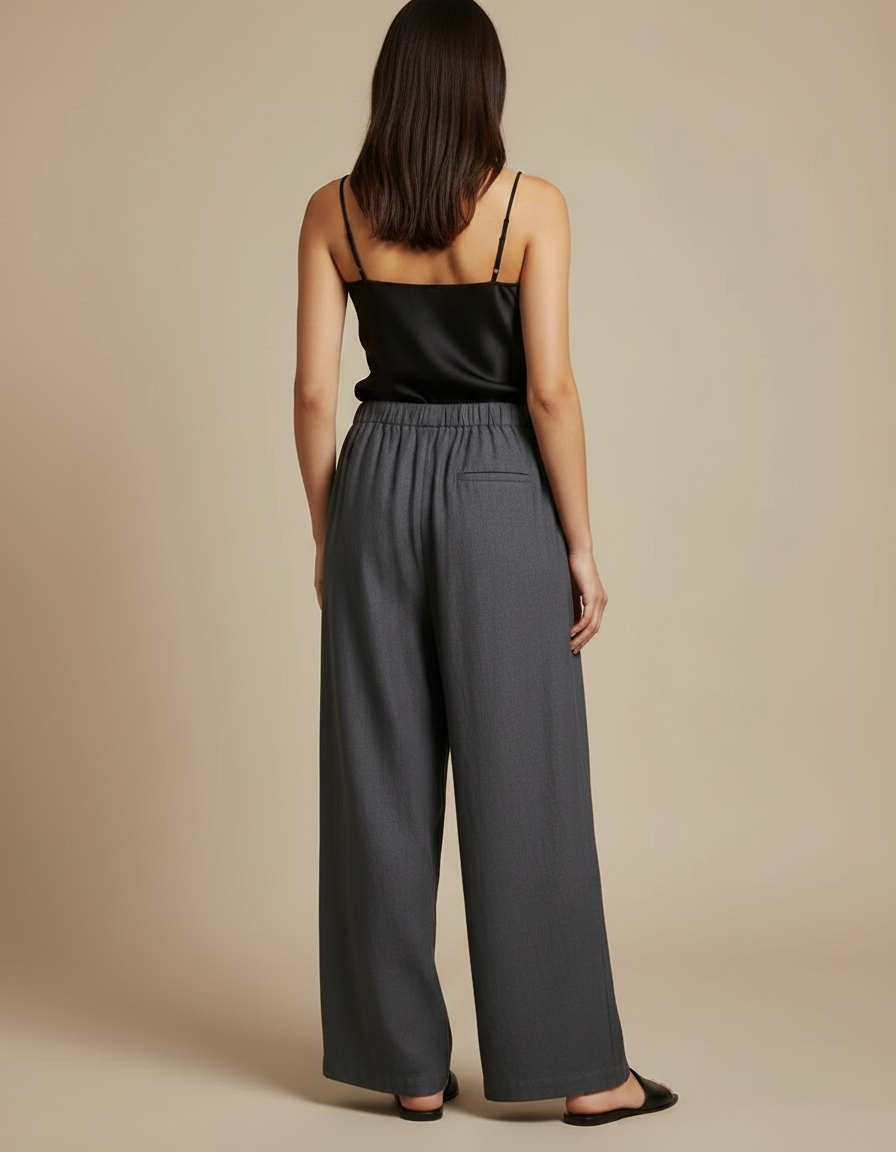 Pantalon Fluide Gris Ample Lin Décontracté - vue 2