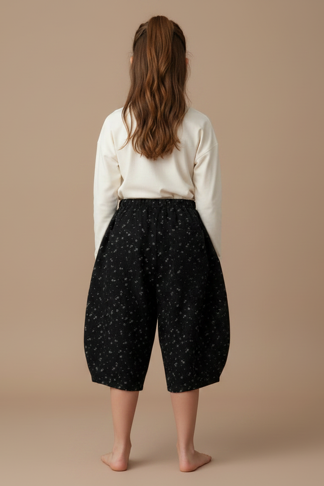 Pantalon Fluide Noir Fleuri Ample Décontracté Fille - Lin - vue 2