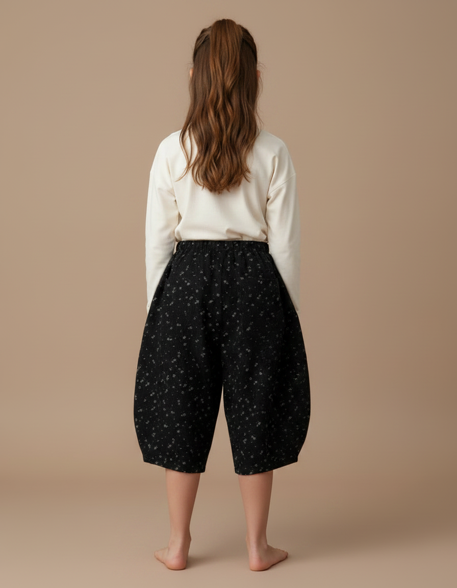 Pantalon Fluide Noir Fleuri Ample Décontracté Fille - Lin - vue 2