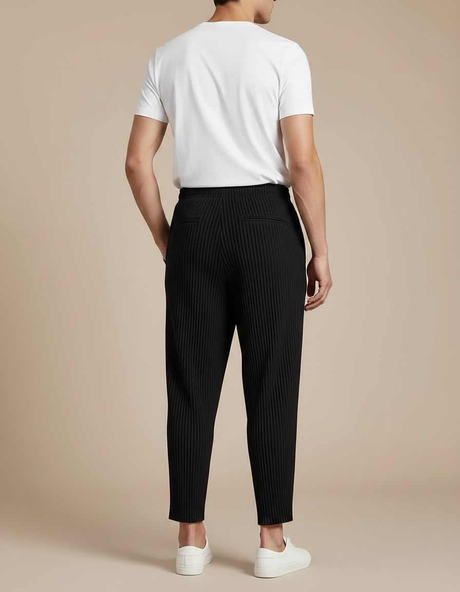 Pantalon Fluide Noir Plissé Ample Décontracté Homme Coton - vue 2