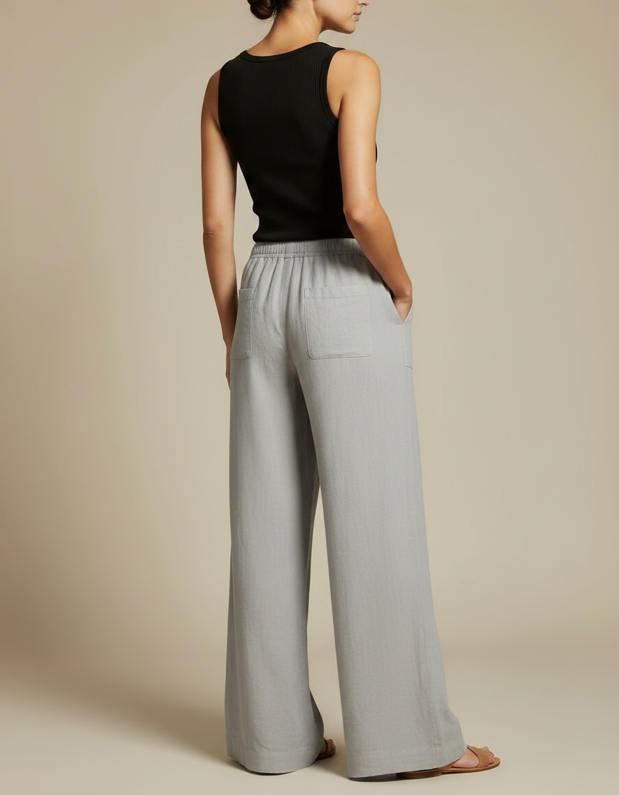 Pantalon Fluide Gris Clair Ample Coton Lin Femme - vue 2