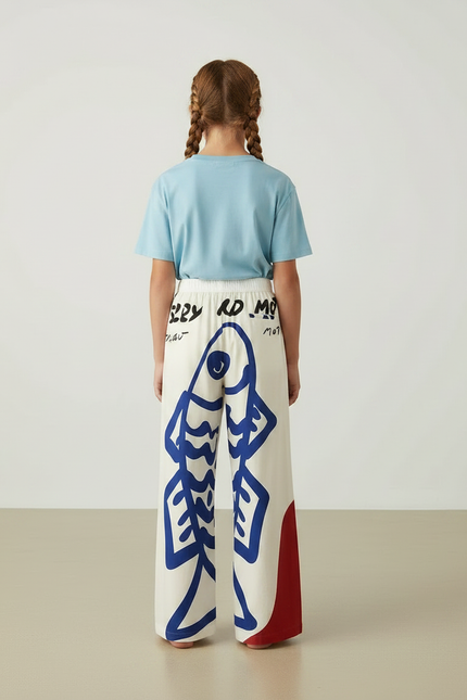 Pantalon Fluide Écru Ample Poissons Bleus Décontracté - Multicolore Viscose - vue 2