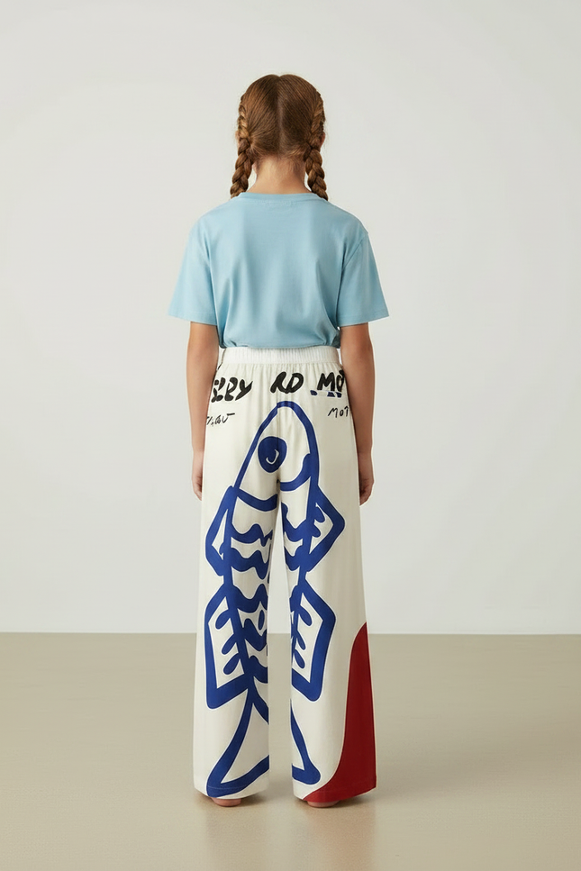 Pantalon Fluide Écru Ample Poissons Bleus Décontracté - Multicolore Viscose - vue 2
