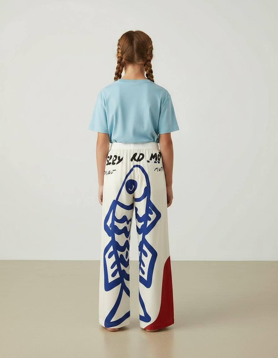 Pantalon Fluide Écru Ample Poissons Bleus Décontracté - Multicolore Viscose - vue 2
