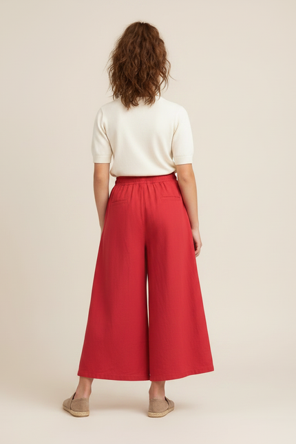 Pantalon Fluide Rouge Large Lin Fille Décontracté - vue 2