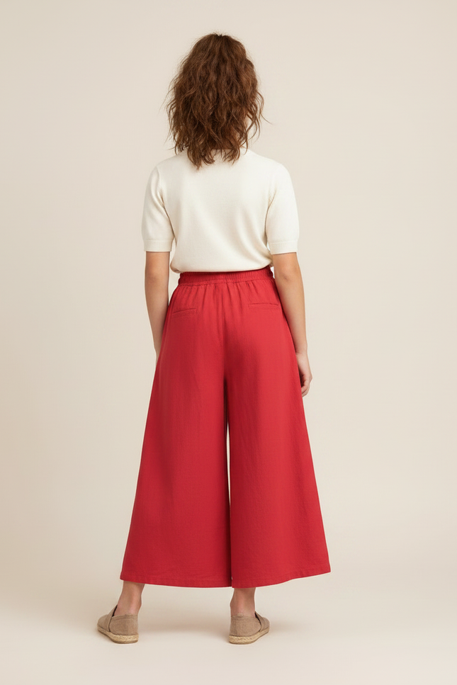 Pantalon Fluide Rouge Large Lin Fille Décontracté - vue 2
