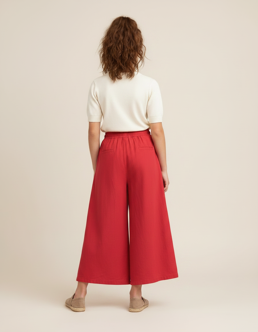 Pantalon Fluide Rouge Large Lin Fille Décontracté - vue 2