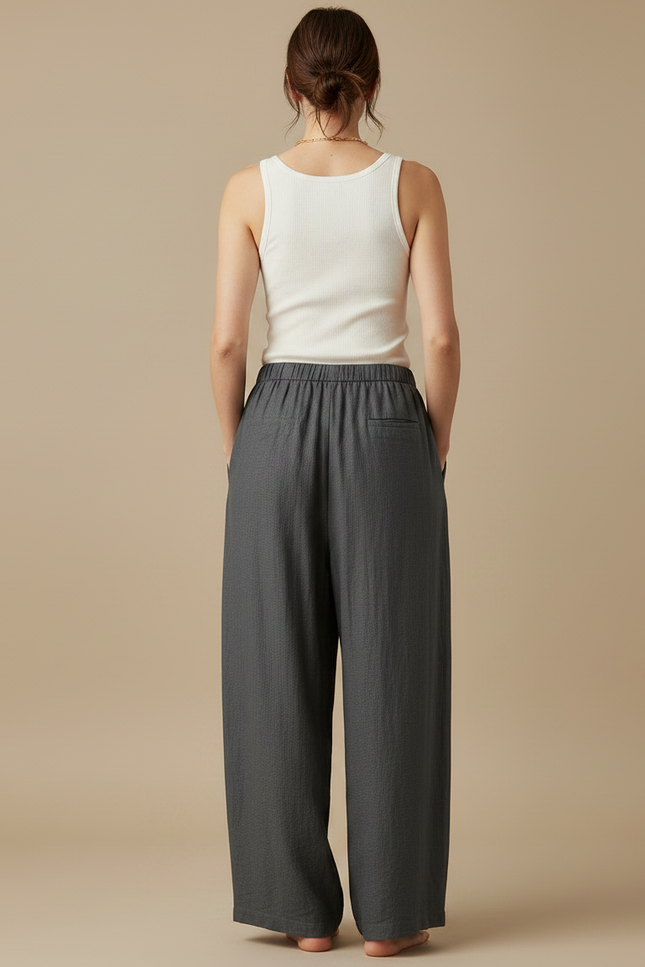 Pantalon Fluide Gris Ample Coton Lin Décontracté Femme - vue 2