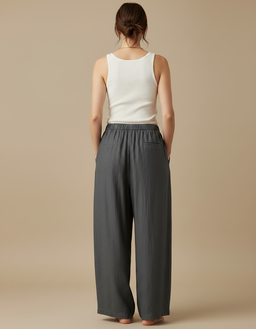 Pantalon Fluide Gris Ample Coton Lin Décontracté Femme - vue 2