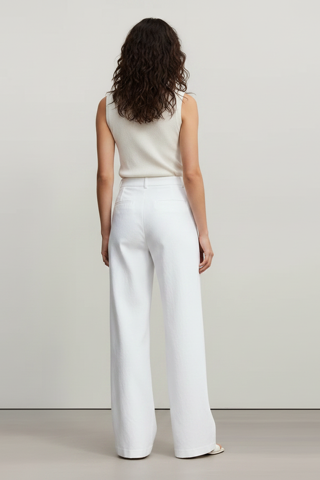 Pantalon Fluide Blanc Ample Taille Haute Droit Femme - Lin - vue 2