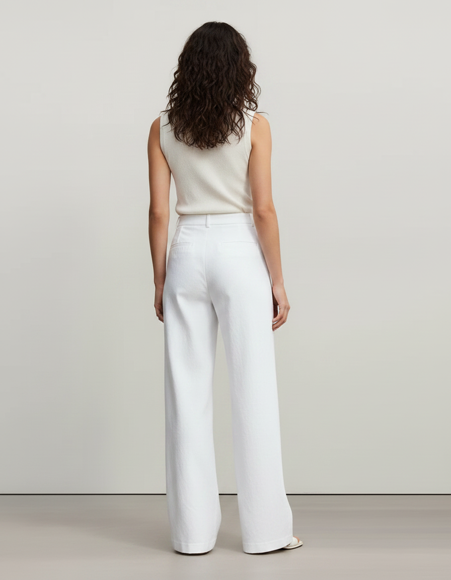 Pantalon Fluide Blanc Ample Taille Haute Droit Femme - Lin - vue 2