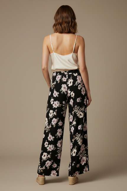 Pantalon Fluide Noir Fleuri Ample Confortable Imprimé Floral - Viscose - vue 2