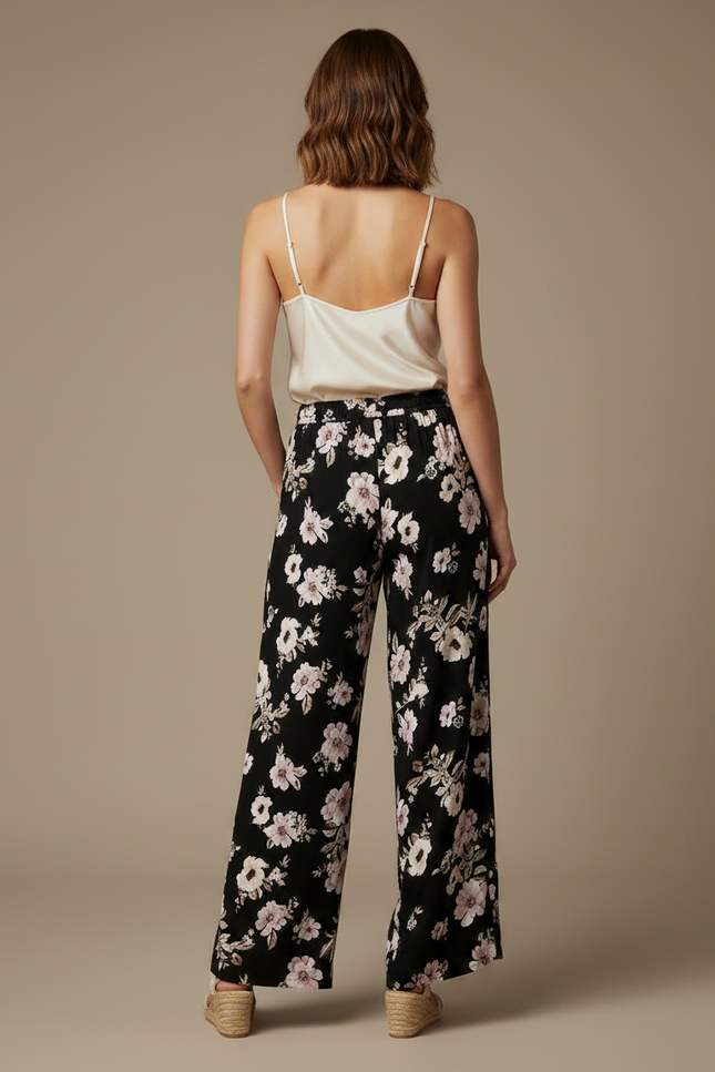 Pantalon Fluide Noir Fleuri Ample Confortable Imprimé Floral - Viscose - vue 2
