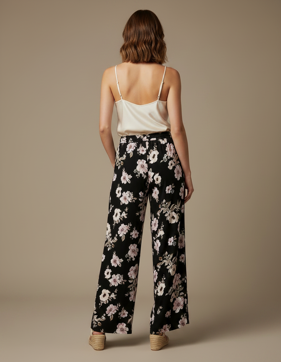 Pantalon Fluide Noir Fleuri Ample Confortable Imprimé Floral - Viscose - vue 2