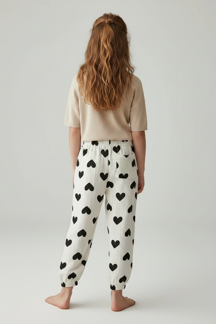 Pantalon Fluide Écru Cœurs Noirs Ample Muslin Enfant - Beige Coton - vue 2