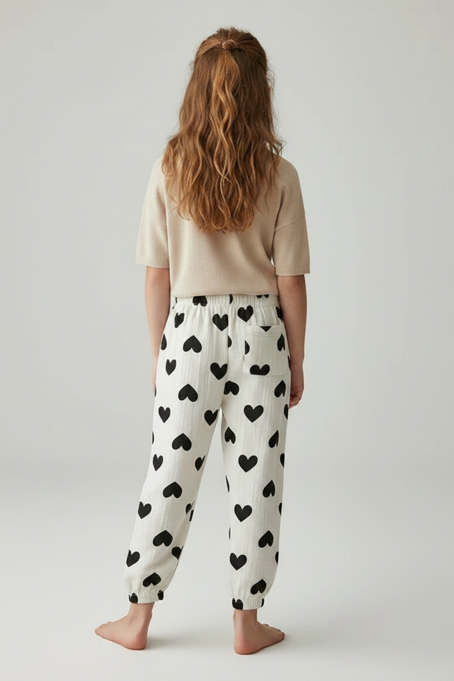 Pantalon Fluide Écru Cœurs Noirs Ample Muslin Enfant - Beige Coton - vue 2