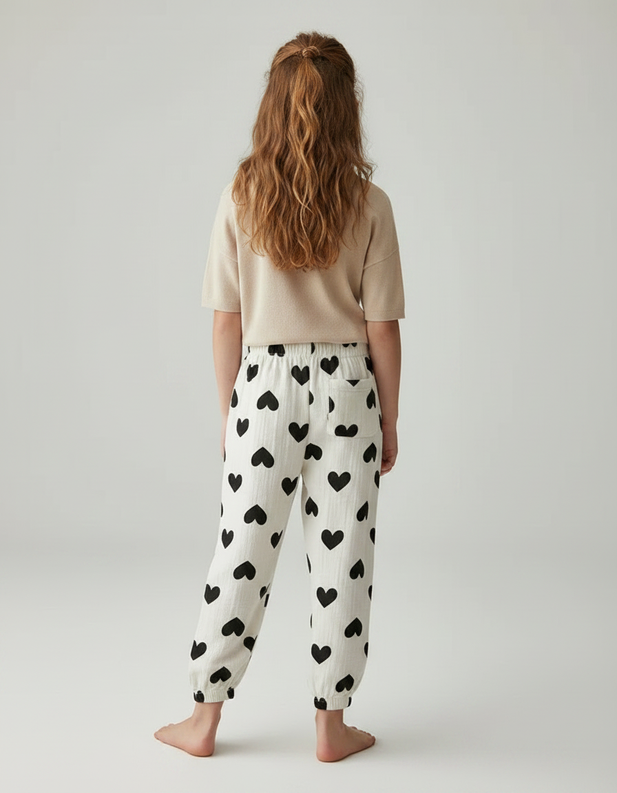 Pantalon Fluide Écru Cœurs Noirs Ample Muslin Enfant - Beige Coton - vue 2