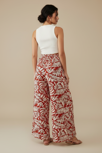 Pantalon Fluide Rouge Floral Ample Fendu Bohème - Viscose - vue 2