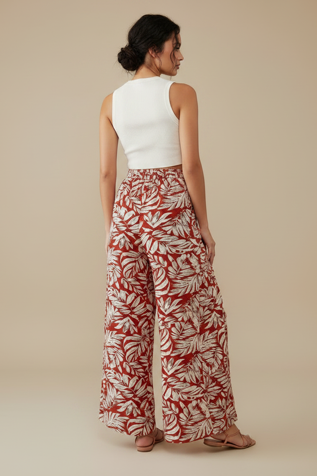 Pantalon Fluide Rouge Floral Ample Fendu Bohème - Viscose - vue 2