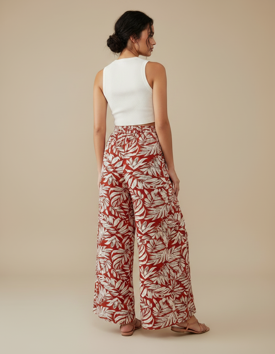Pantalon Fluide Rouge Floral Ample Fendu Bohème - Viscose - vue 2