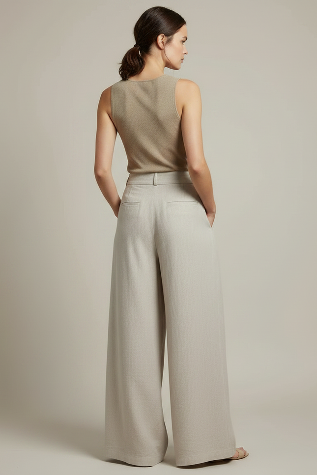 Pantalon Fluide Beige Lin Ample Plissé Élégant - vue 2