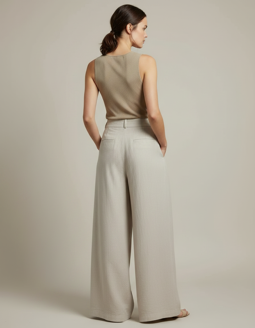 Pantalon Fluide Beige Lin Ample Plissé Élégant - vue 2