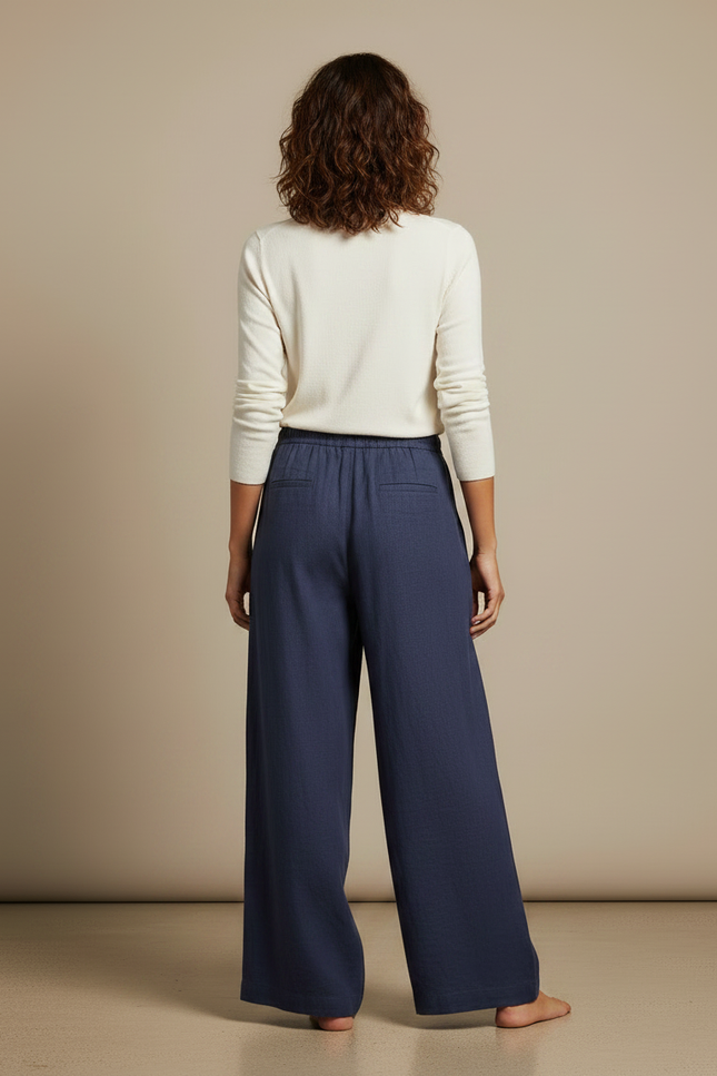 Pantalon Fluide Ample Lin Coton Bleu Marine Cordon - vue 2