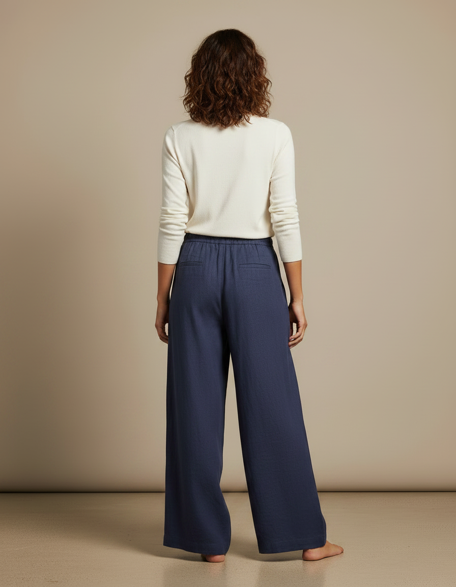 Pantalon Fluide Ample Lin Coton Bleu Marine Cordon - vue 2