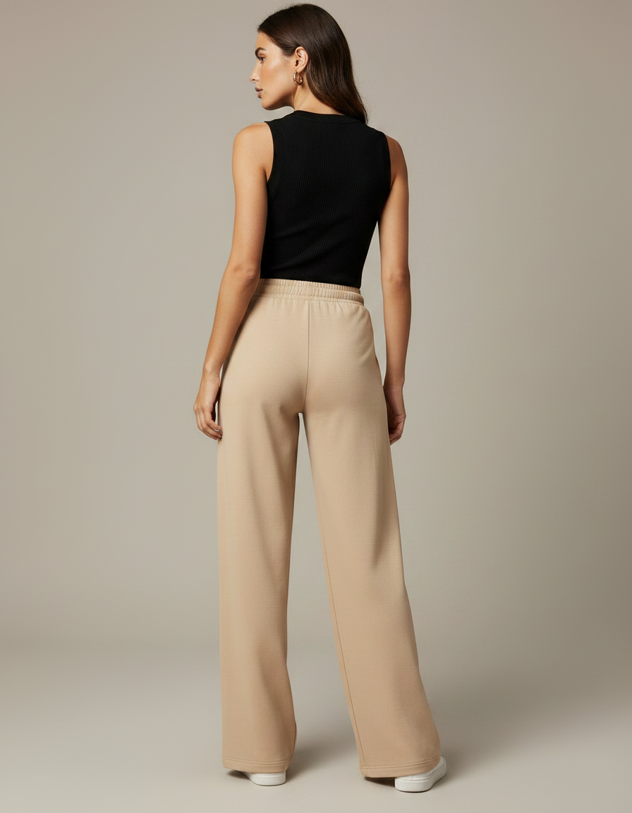Pantalon Fluide Beige Large Confortable Cordon Femme - Molleton - vue 2