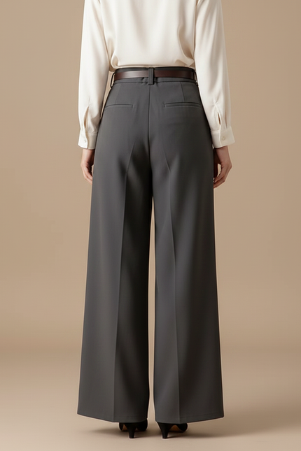 Pantalon Fluide Gris Taille Haute Ample Élégant Femme - Polyester - vue 2