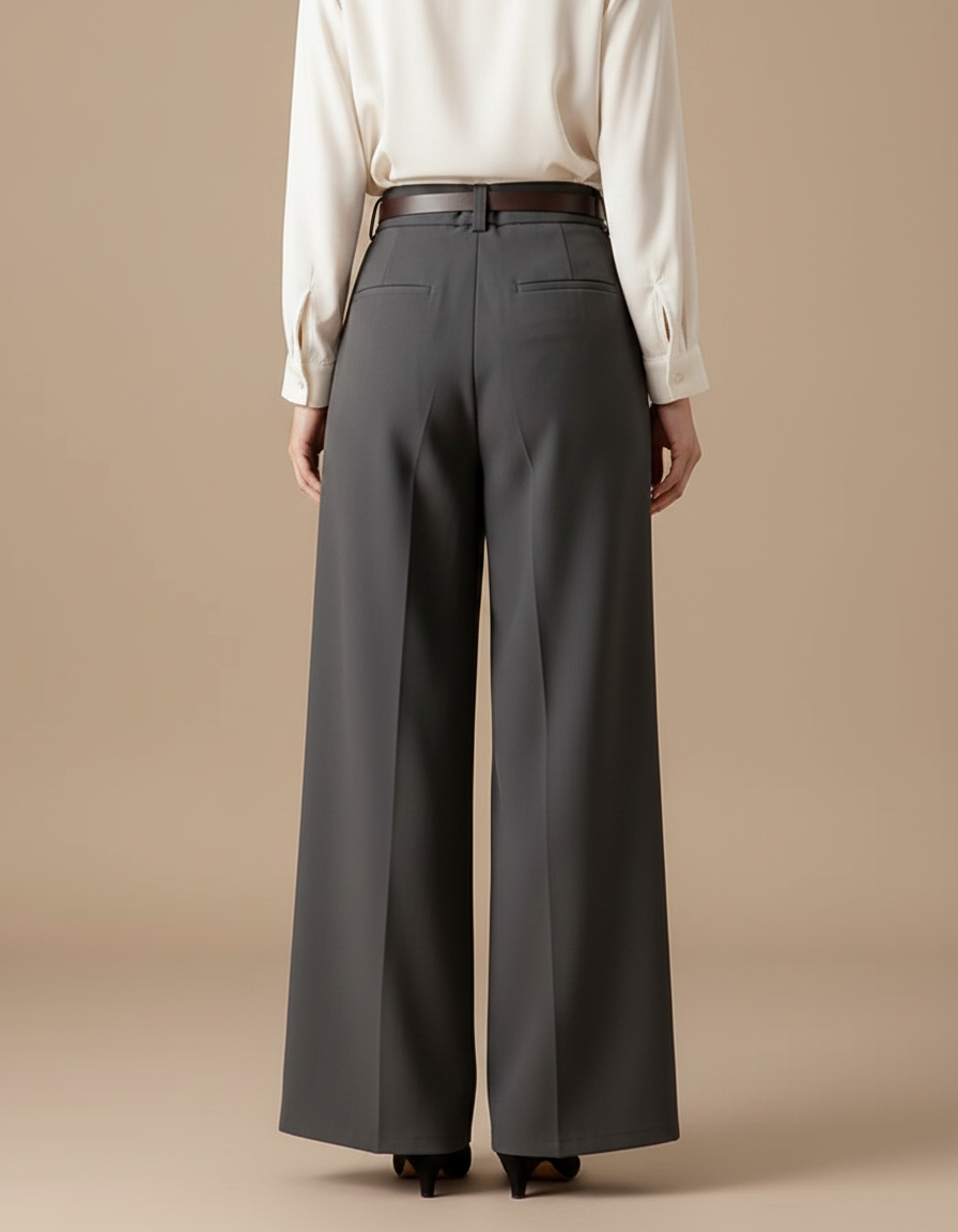 Pantalon Fluide Gris Taille Haute Ample Élégant Femme - Polyester - vue 2
