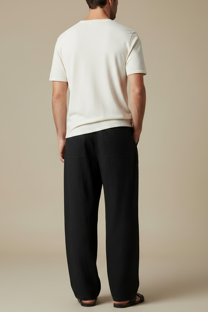 Pantalon Fluide Noir Ample Coton Lin Décontracté Homme - vue 2