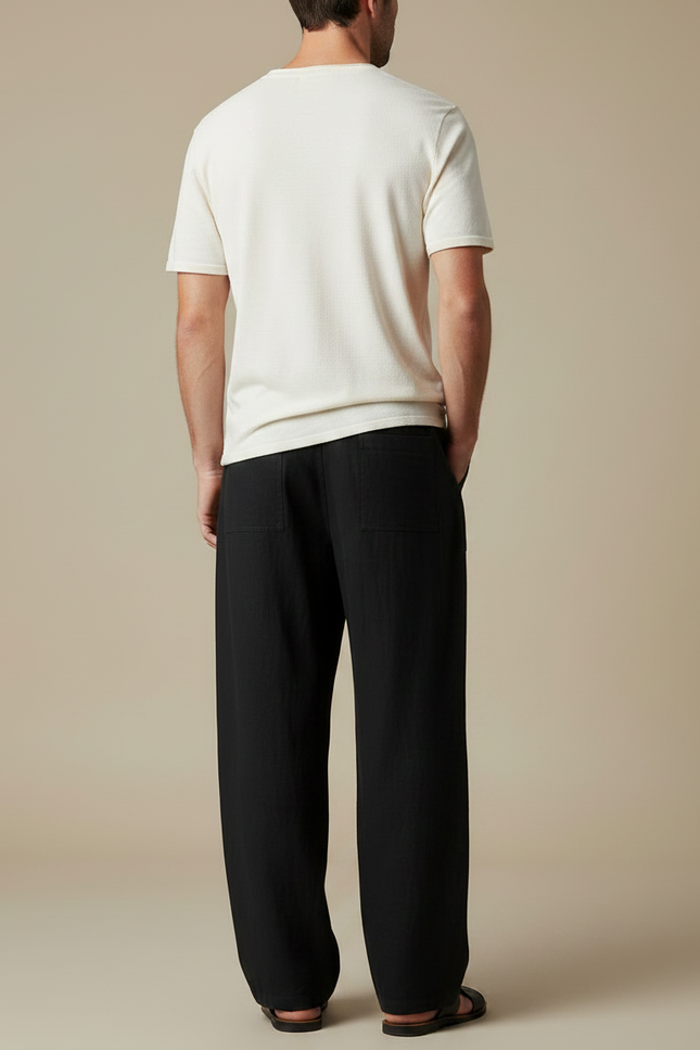 Pantalon Fluide Noir Ample Coton Lin Décontracté Homme - vue 2
