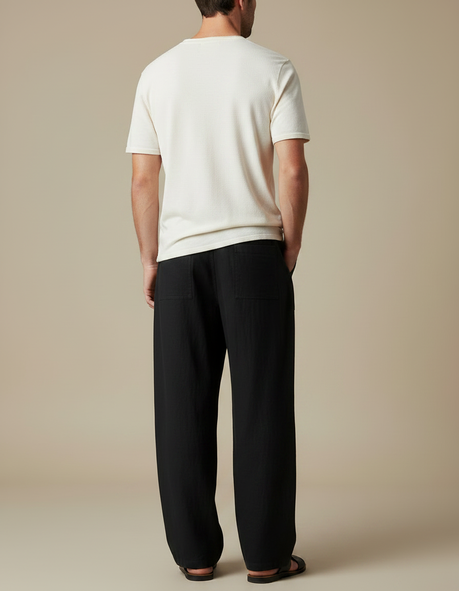 Pantalon Fluide Noir Ample Coton Lin Décontracté Homme - vue 2