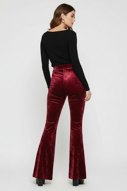 Pantalon Fluide Rouge Velours Évasé Taille Haute Élégant - Bordeaux - vue 2