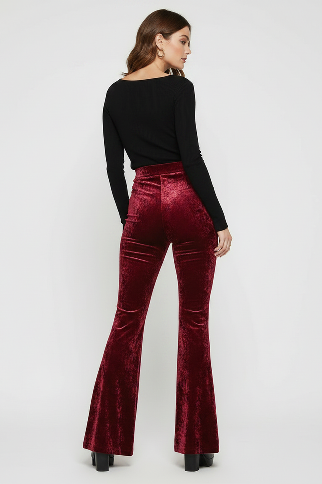 Pantalon Fluide Rouge Velours Évasé Taille Haute Élégant - Bordeaux - vue 2