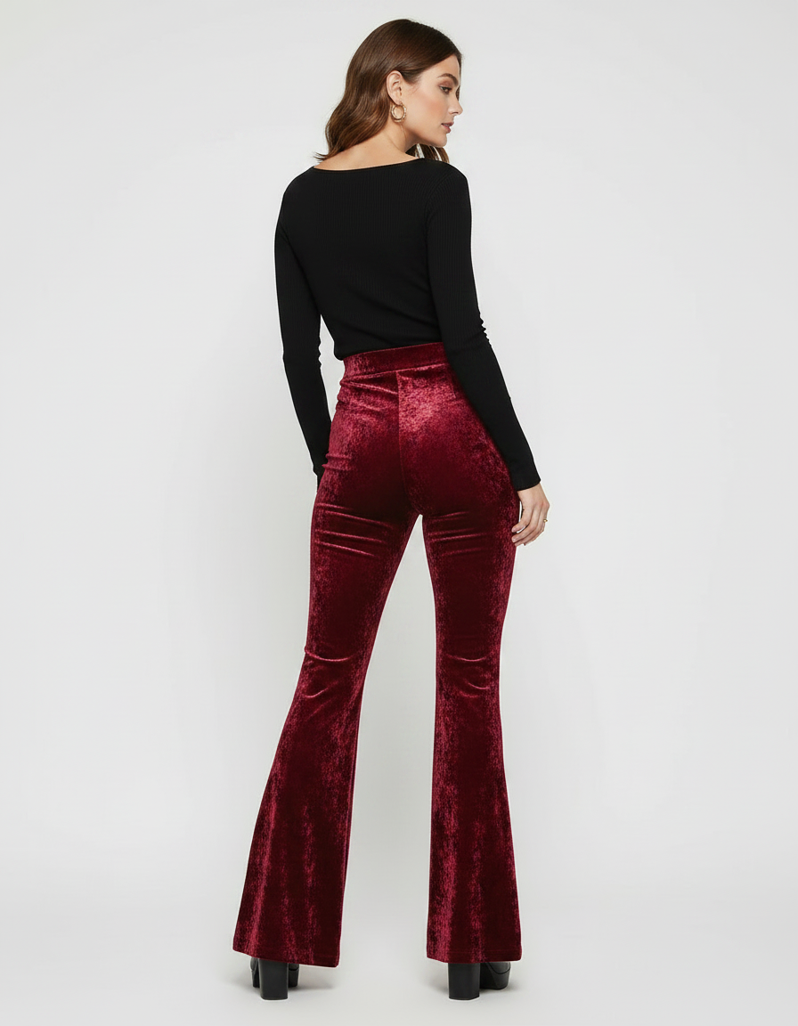 Pantalon Fluide Rouge Velours Évasé Taille Haute Élégant - Bordeaux - vue 2