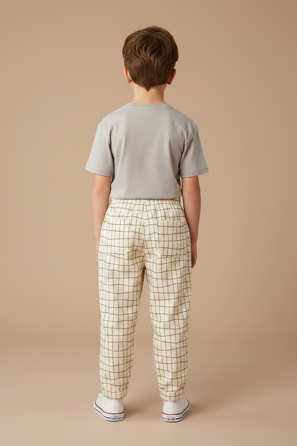 Pantalon Fluide Carreaux Écru Ample Coton Enfant - Beige - vue 2