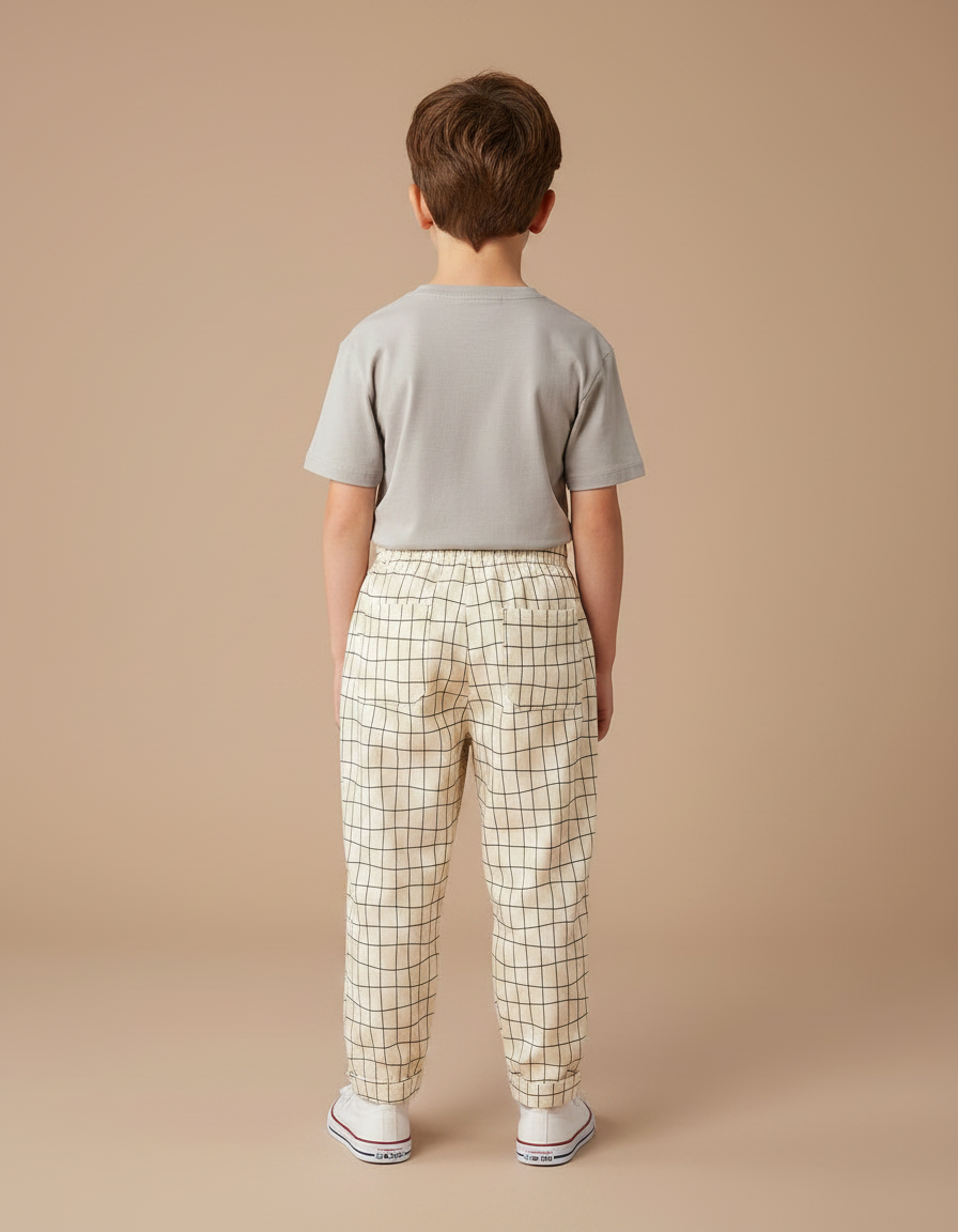 Pantalon Fluide Carreaux Écru Ample Coton Enfant - Beige - vue 2