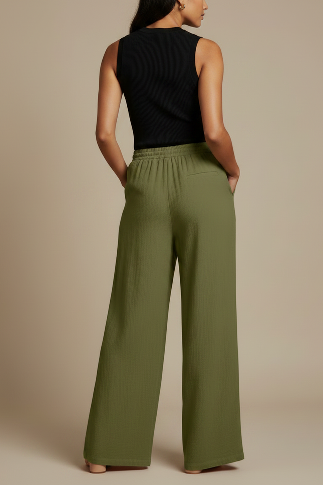 Pantalon Fluide Vert Ample Cordon Décontracté - Kaki Lin - vue 2