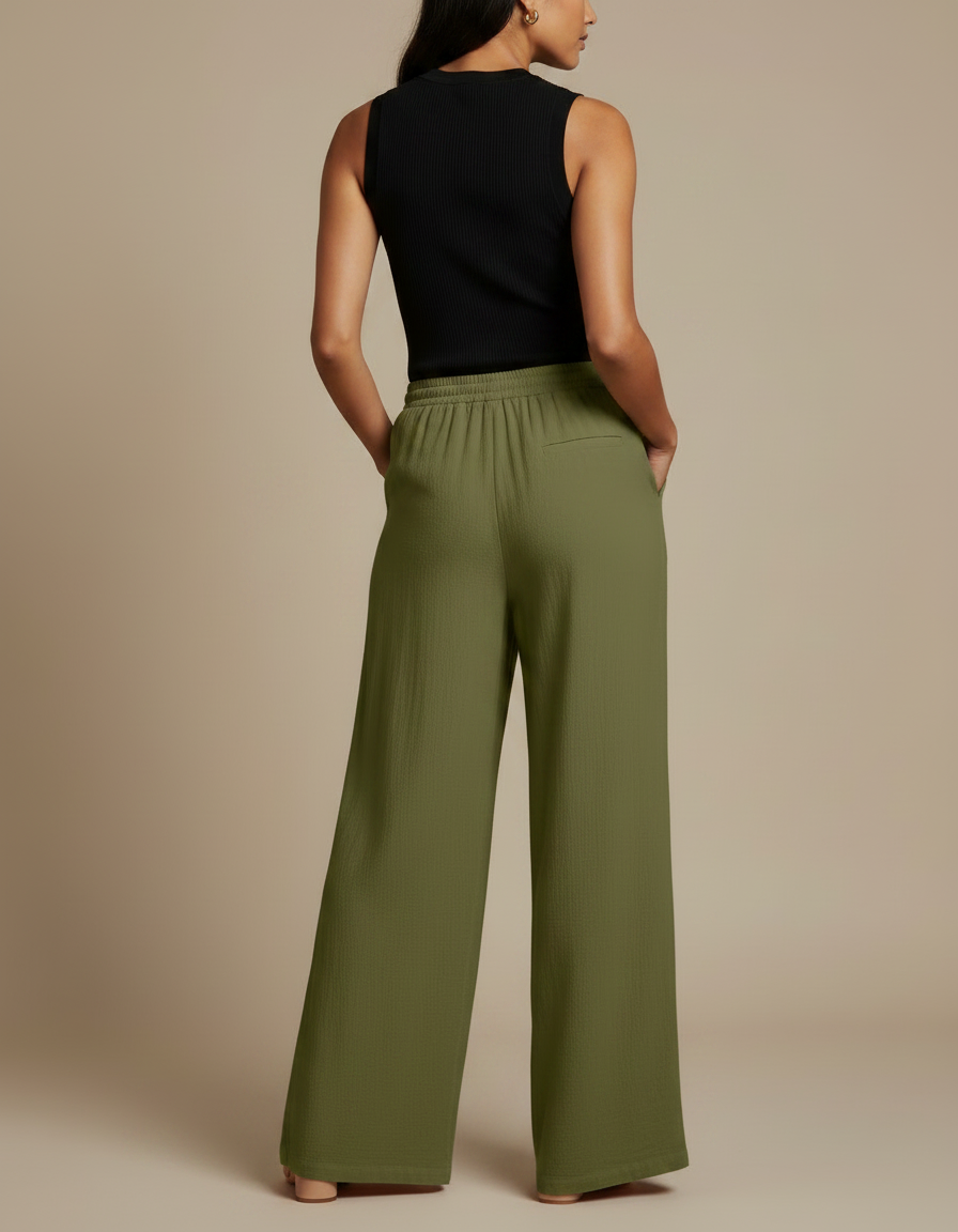 Pantalon Fluide Vert Ample Cordon Décontracté - Kaki Lin - vue 2