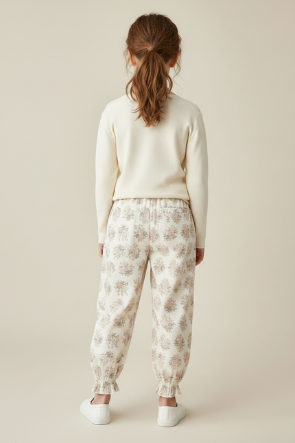 Pantalon Fluide Écru Imprimé Fleuri Ample Resserré - Beige Coton - vue 2