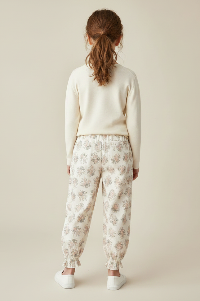 Pantalon Fluide Écru Imprimé Fleuri Ample Resserré - Beige Coton - vue 2