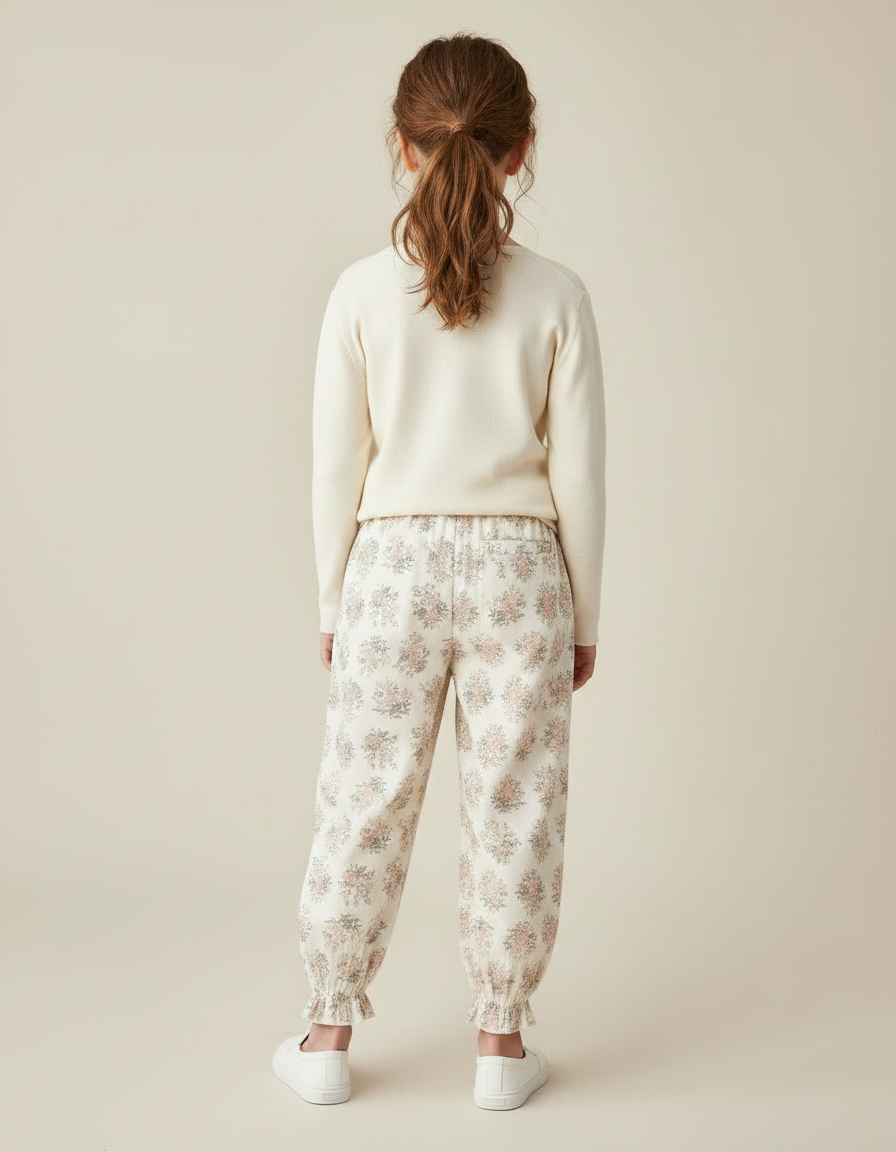 Pantalon Fluide Écru Imprimé Fleuri Ample Resserré - Beige Coton - vue 2