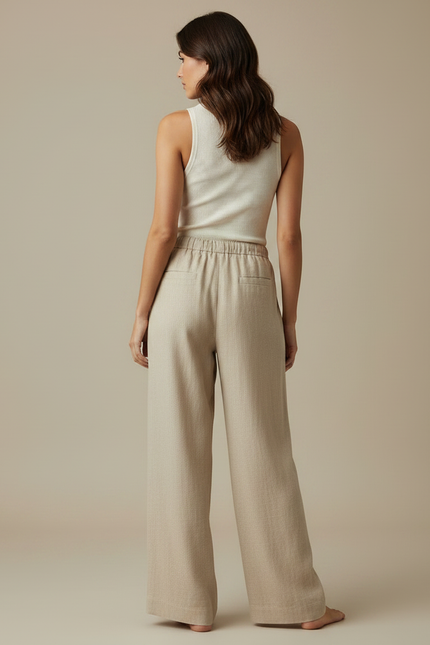 Pantalon Fluide Beige Lin Ample Cordon Confortable - vue 2
