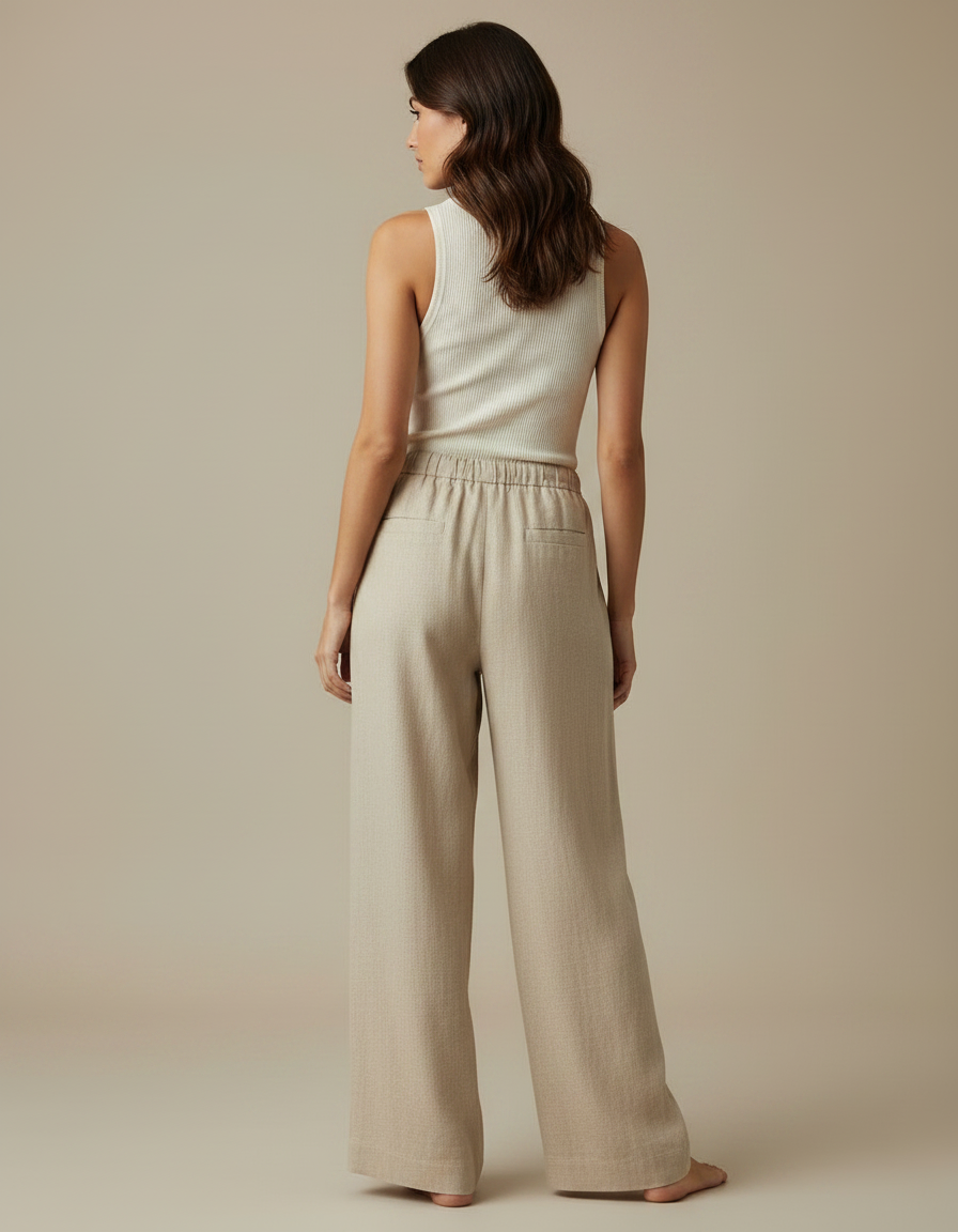 Pantalon Fluide Beige Lin Ample Cordon Confortable - vue 2