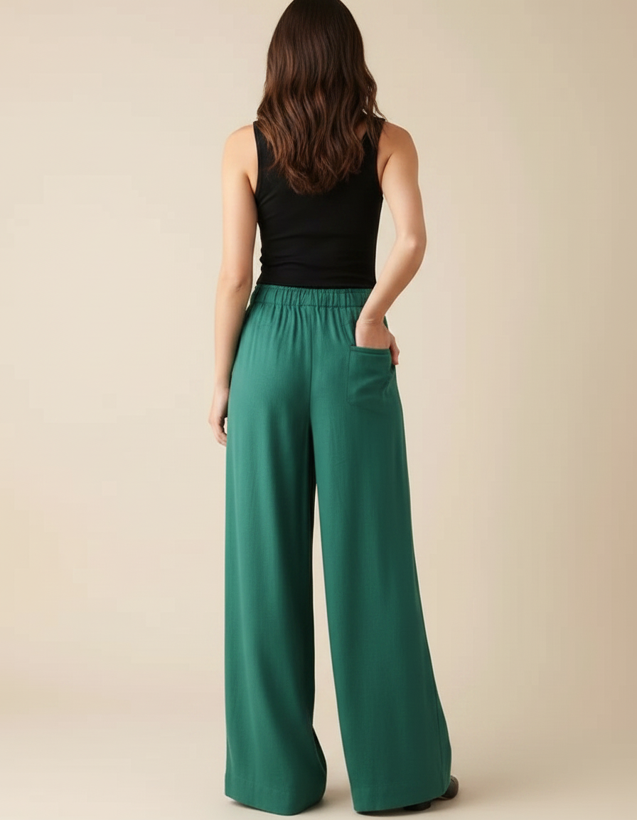 Pantalon Fluide Vert Ample Cordon Décontracté Femme - Viscose - vue 2