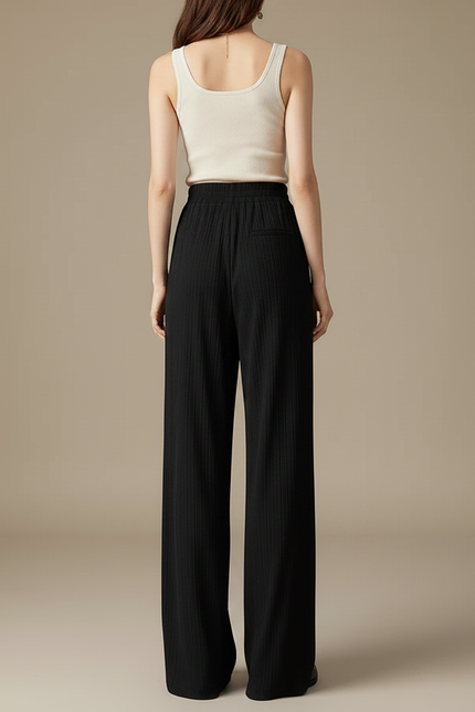 Pantalon Fluide Noir Plissé Ample Taille Haute - Polyester - vue 2